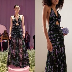 Carolina Herrera Floral Silk Chiffon‎ Cutout Halter Maxi Gown Black Multi 4 NWT